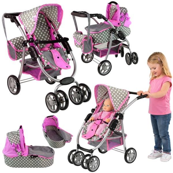 Dukkevogn 2 i 1 Gondoltaske Pink Stjerner
