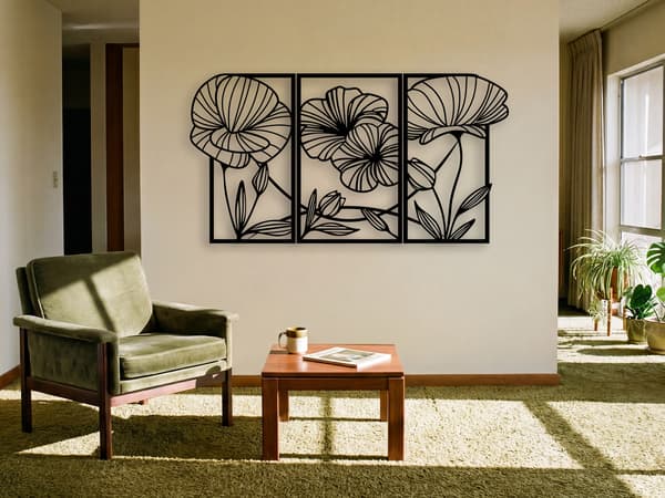 STOR VÄGGDEKORATION "3D-BLOMMOR TRIPTYK" + EXTRA 3D-BLOMMOR TABLETTER 150 X 80 CM