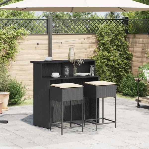 vidaXL 3-delt barsæt med hynder, sort polyrattan