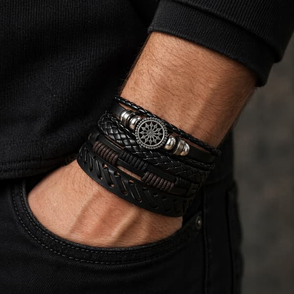 HERRLÄDERARMBAND I TITANIUM JUSTERBART 19-23CM GÅVA