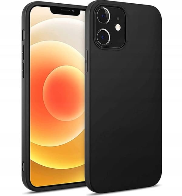 Etui til Apple iPhone 12 Mini, blødt, mat silikonebagside, sort + glas
