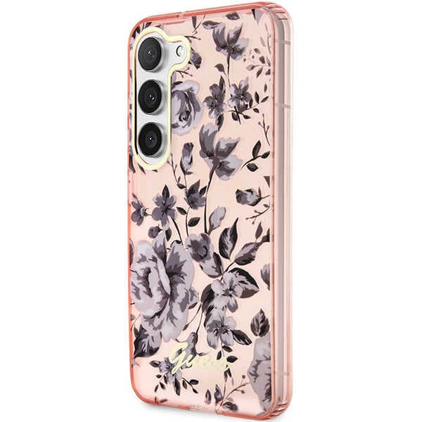 Guess Flower Collection-etui til Galaxy S23+, lyserød