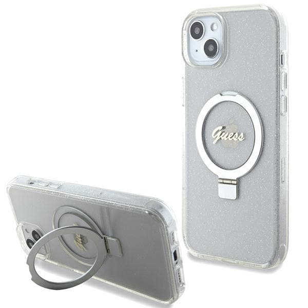 Guess Ring Stand Script Glitter MagSafe -kotelo iPhone 15 Plussalle, kirkas