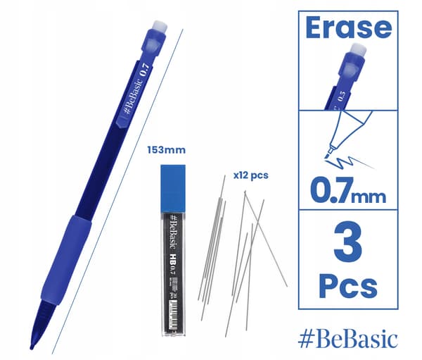 BeBasic HB 0,7 mm S009 mekanisk blyant sæt med 3 blyanter + stylus