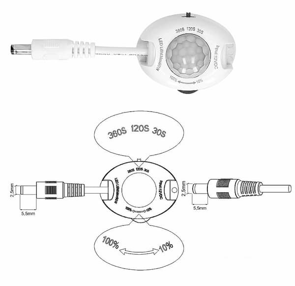 Rörelsesensor för LED-remsa 120 grader 12V 60W Dimningsfunktion