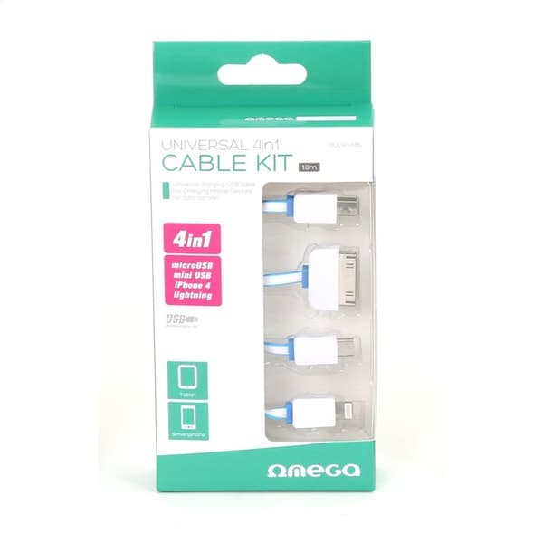 OMEGA HYDRA 4-I-1 MICRO USB + MINI USB + IPHONE4 + LIGHTNING USB-KABEL VIT & BLÅ [42812]