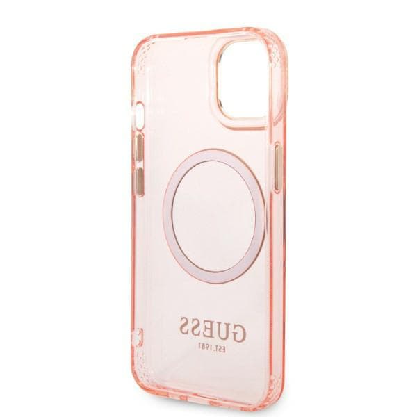 Guess Gold Outline Translucent MagSafe-etui til iPhone 14 Plus, lyserød