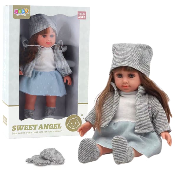 Docka i blå klänning, hatt, tröja, handskar, 36,5 cm