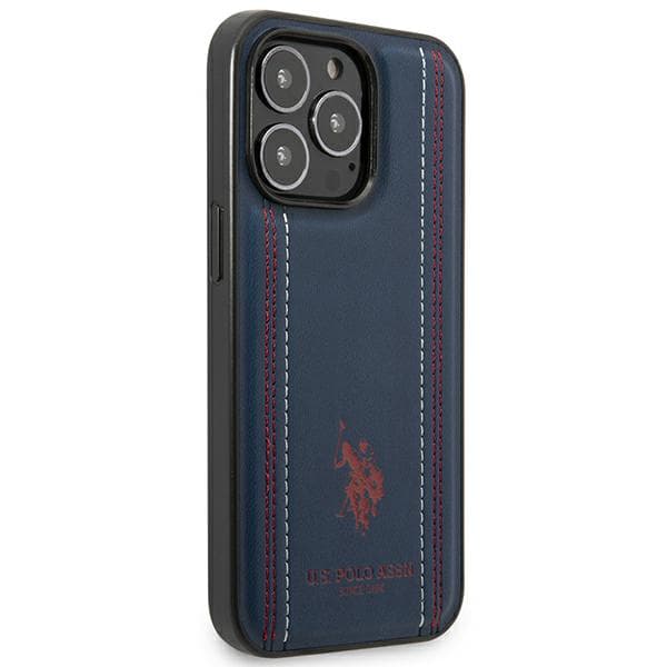 US Polo Læder Stitch Cover til iPhone 14 Pro, Marineblå