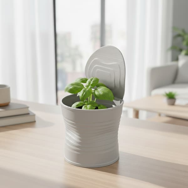 Grå urtepotte formet som en knust plantedåse, moderne design