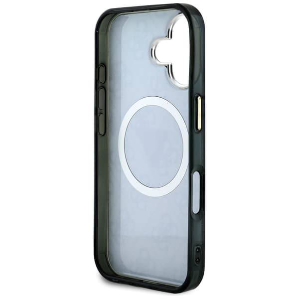 Guess IML Metal Glitter 4G Circle Triangle MagSafe-etui til iPhone 16, sort