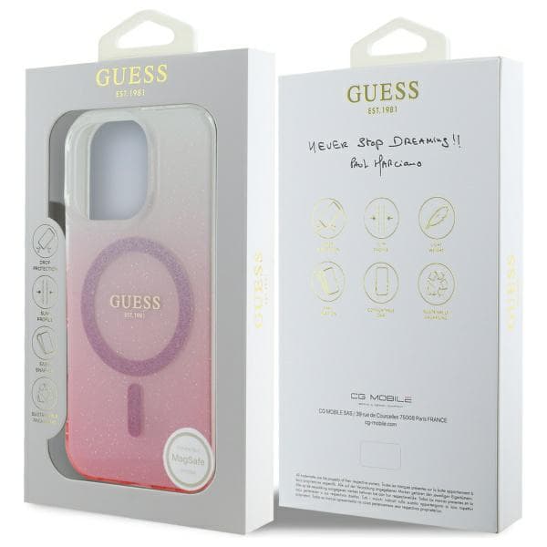 Guess IML Glitter Gradient MagSafe -kotelo iPhone 16 Prolle, pinkki