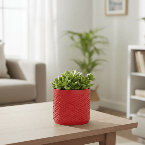 Rött flätat blomkrukutkast, modern japandi skandinavisk