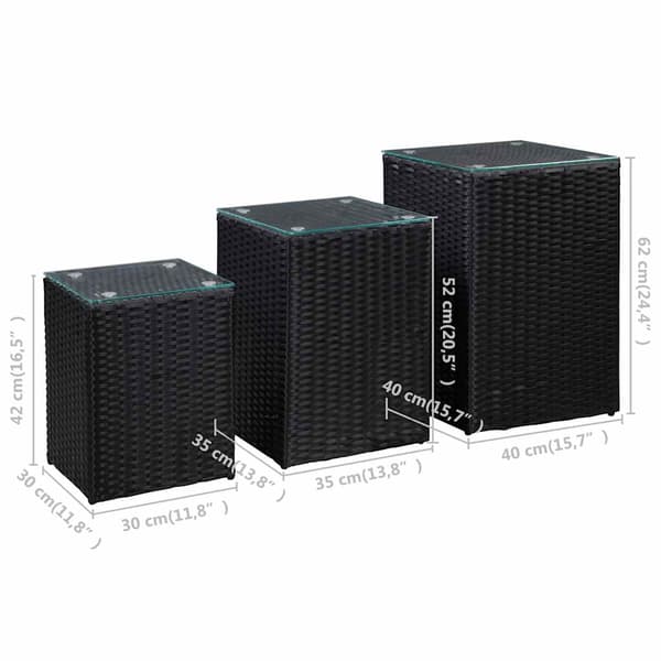 vidaXL sideborde, sæt med 3, glasplader, sort, polyrattan