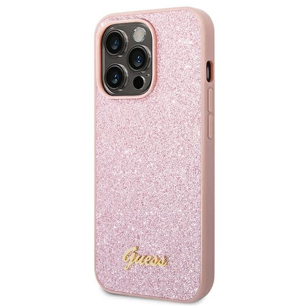 Guess Glitter Script -suojakuori iPhone 14 Pro Maxille, pinkki