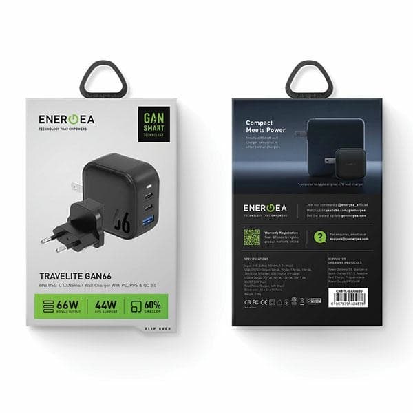 ENERGEA strømforsyning 1xUSB+2xUSB-CPD-PPS-QC 3.0 66W 2C1A sort/sort US+EU Travelite GAN66