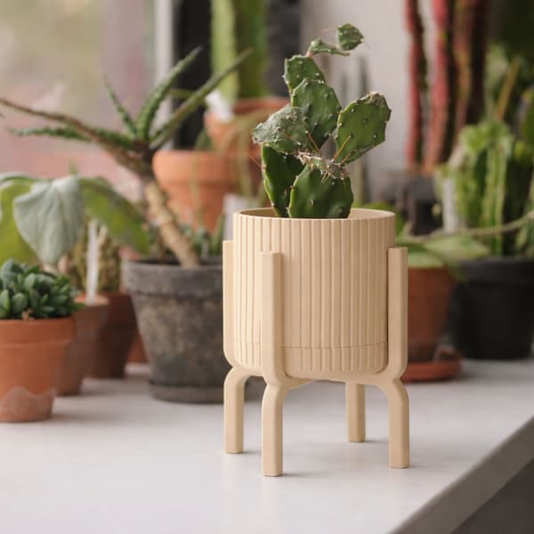 Moderne, rillet beige urtepotte med plantefod