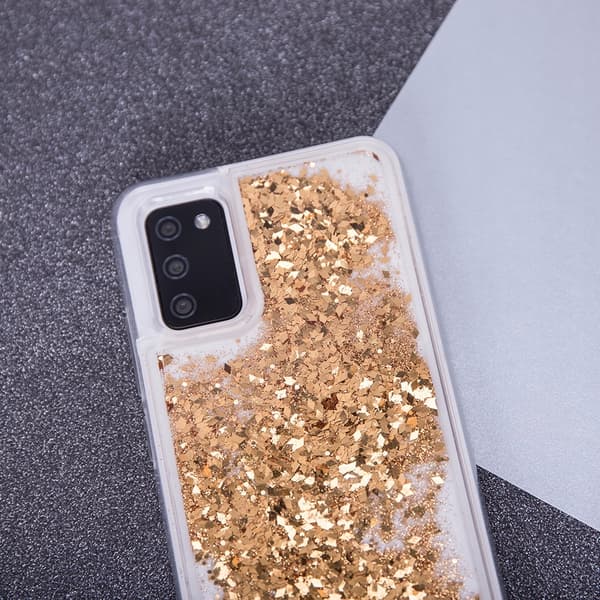 FLYDENDE GULD GLITTERETUIL TIL IPHONE 14 + GLAS