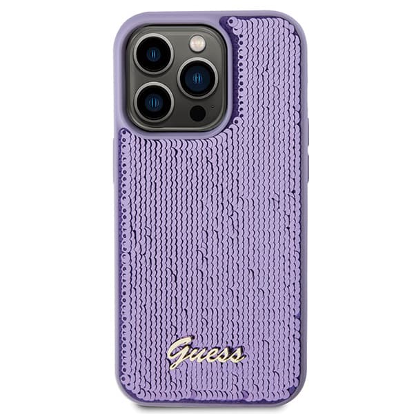 Guess Sequin Script Metallskal till iPhone 15 Pro, Lila