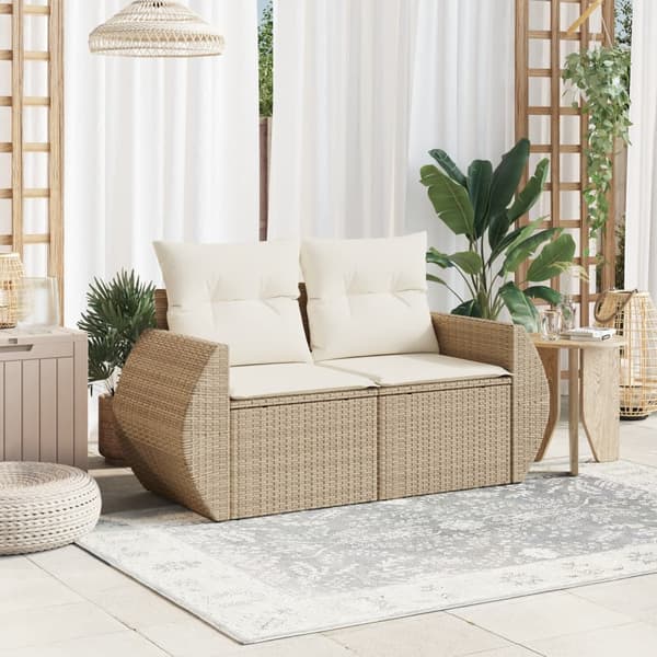 vidaXL Trädgårdssoffa med kuddar, 2-sits, beige, polyrotting