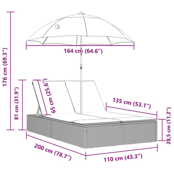 vidaXL dobbelt dagseng med hynder og parasol, sort, polyrattan