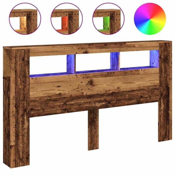 vidaXL sengegavl i antik træ med LED-lys 180x18,5x103,5 cm
