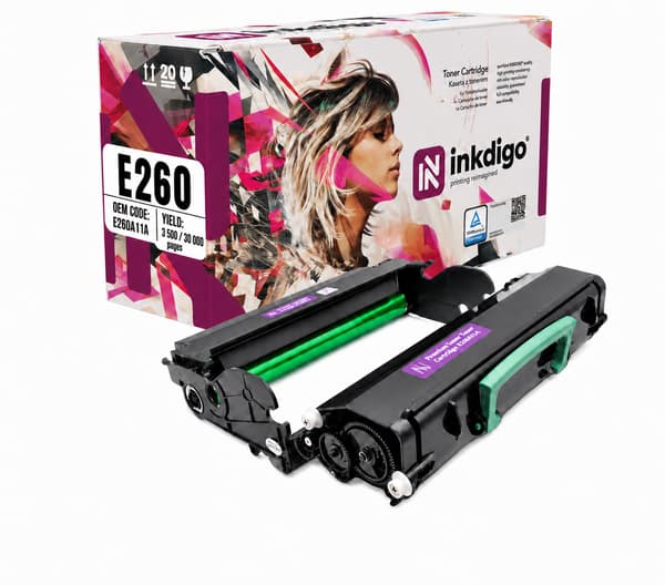 Inkdigo tromle + toner E260A11E / E260X22G kompatibel med Lexmark E260 E360DN TÜV-certificeret