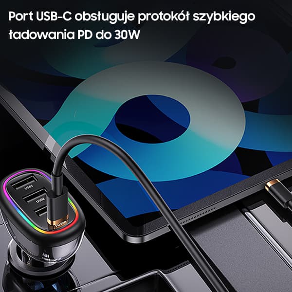 USAMS Biloplader 1xUSB-C 3xUSB-A C34 48W 3A+C PD Hurtigopladning sort