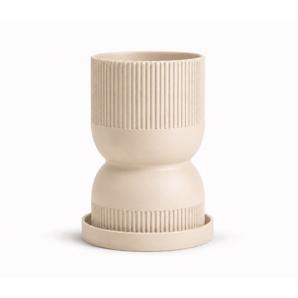 Beige timeglasblomsterpotte med moderne underkop