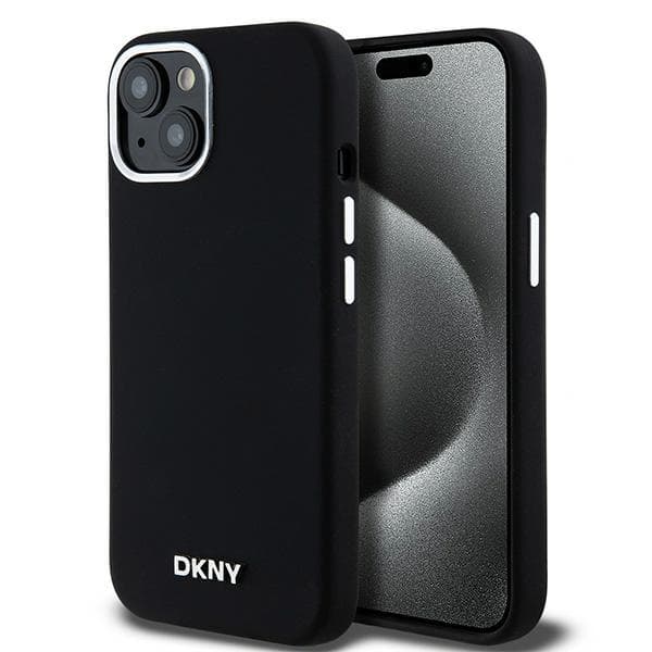 DKNY Silikone Lille Metal Logo MagSafe-cover til iPhone 15, Sort