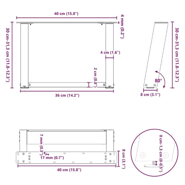 vidaXL sofabordsben, 2 stk., hvide, 40x(30-31) cm, stål