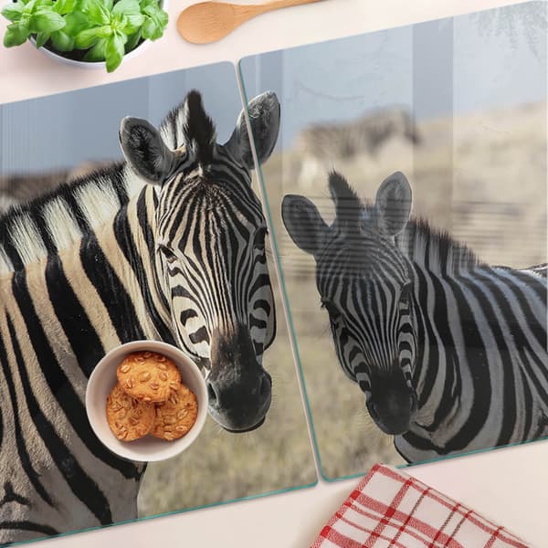 Dekorative serveringsbrætter i glas til snacks, to zebraer, 2x40x52 cm
