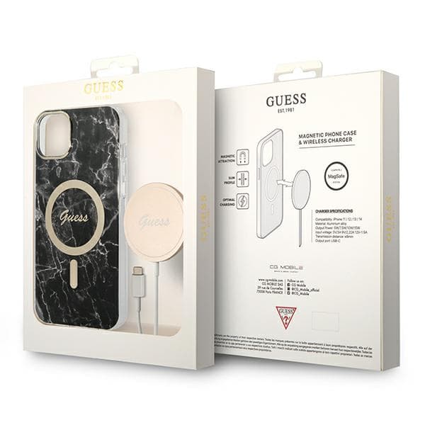 Guess Marble MagSafe-etui + opladersæt til iPhone 14, sort