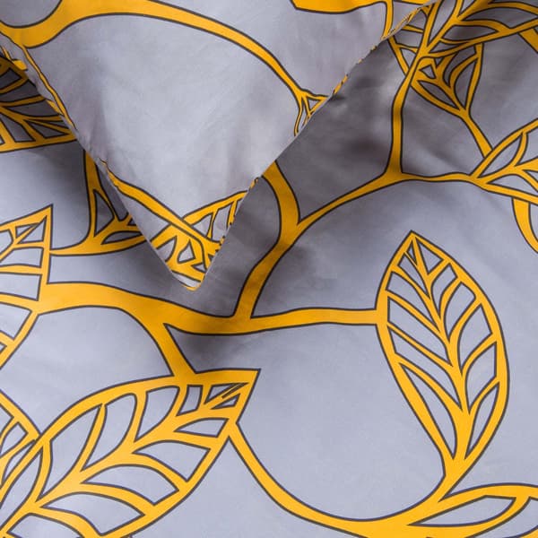 Bomullssängkläder 140x200 satin BOMULL grå med solgula blad