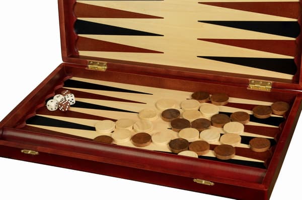 Backgammon i trä 48x48 cm stor elegant låda + bönder