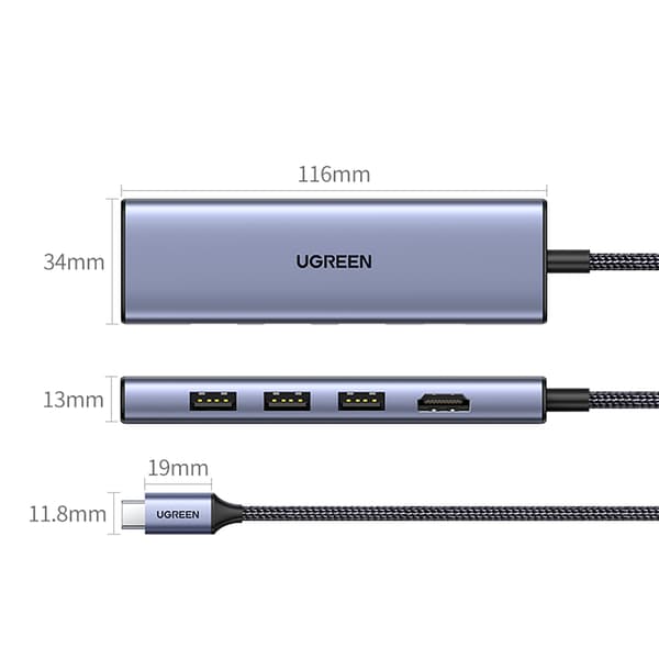 6in1 HUB-sovitin USB-C - HDMI / USB-A / SD TF -kortinlukija - harmaa