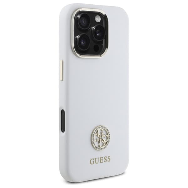Guess Silikone Logo Strass 4G Etui til iPhone 16 Pro, Hvid