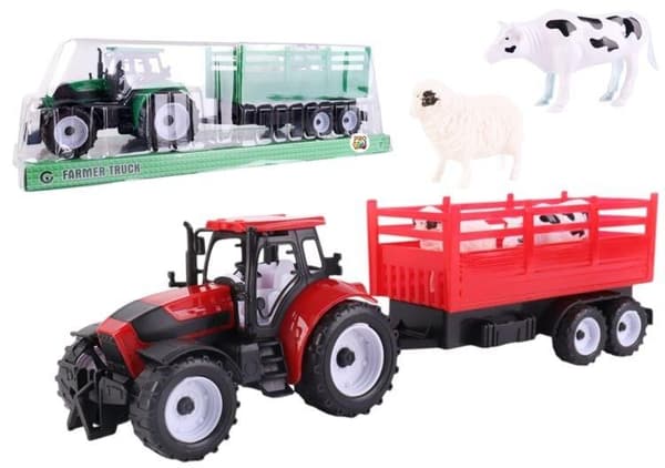 Traktor med fladvogn og blanding af dyr