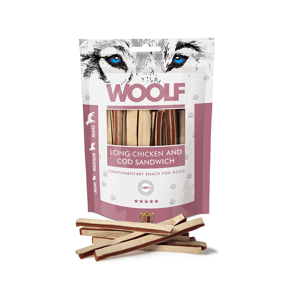 Woolf Hundgodis Sandwich Kyckling Torsk Mini Medium Maxi Breed 100g