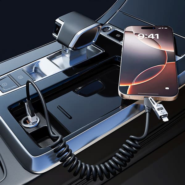 4-i-1 spiralkabel USB-A / USB-C - Lightning / USB-C - svart