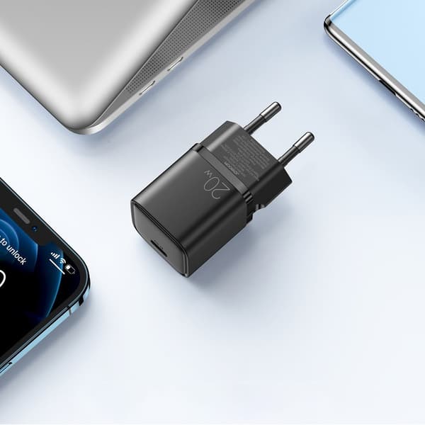 Hurtig USB-C 20W strømforsyning Quick Charge 3.0 AFC vægoplader sort