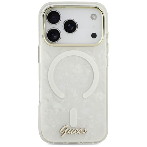 Guess IML Shell Script Metal MagSafe-cover til iPhone 17 Pro Max, hvidt