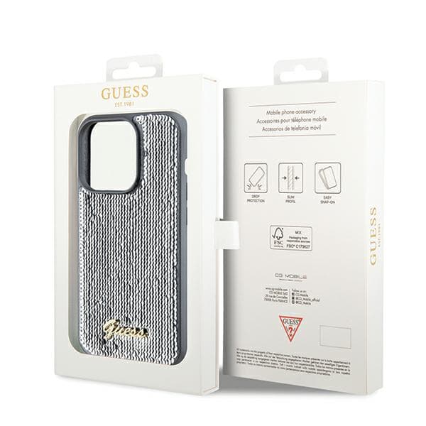Guess Sequin Script Metal-skal till iPhone 14 Pro Max, silver/silver