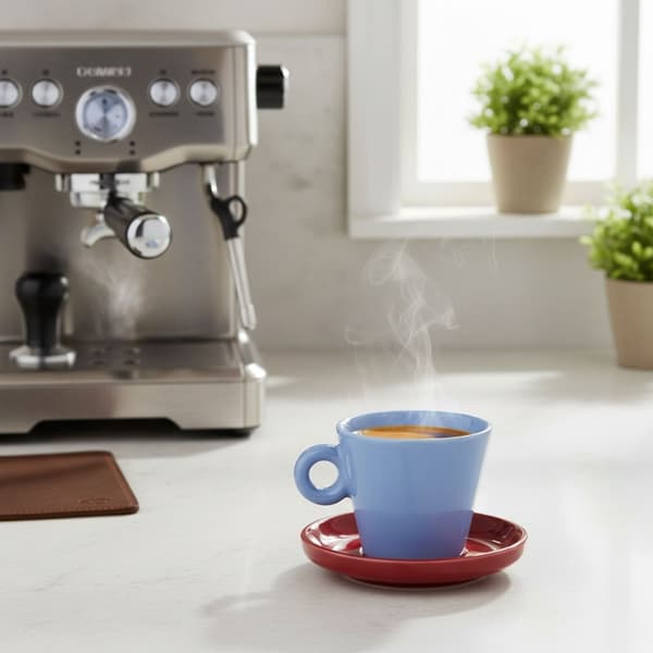 Echo 100 ml blå espressokopp med rött fat