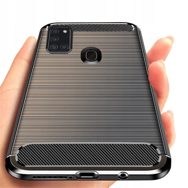 Etui til Samsung Galaxy A21S CARBON CASE BACKCOVER SORT + GLAS