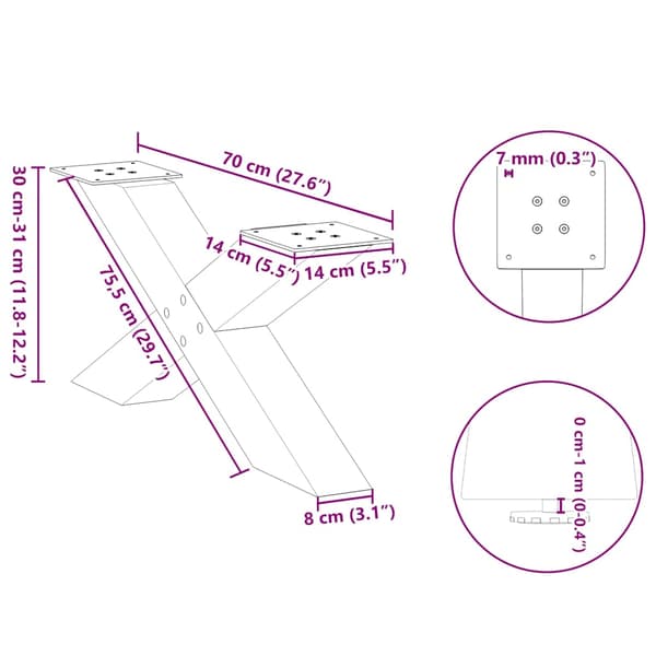 vidaXL sofabordsben, 2 stk., sort, 70x(30-31) cm, stål