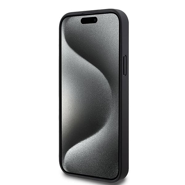 DKNY Lædermonogrammønster Metal Logo MagSafe-etui til iPhone 15 Plus, Sort