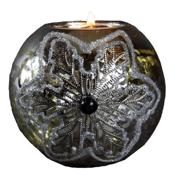 Glaslysestage dekoreret med antikt sølvglimmer - 7x8cm