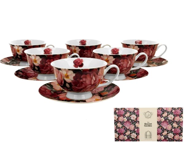 Set med 6 svarta koppar och fat Spring Roses