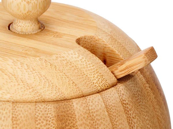 Bambu sockerskål med lock och skedar